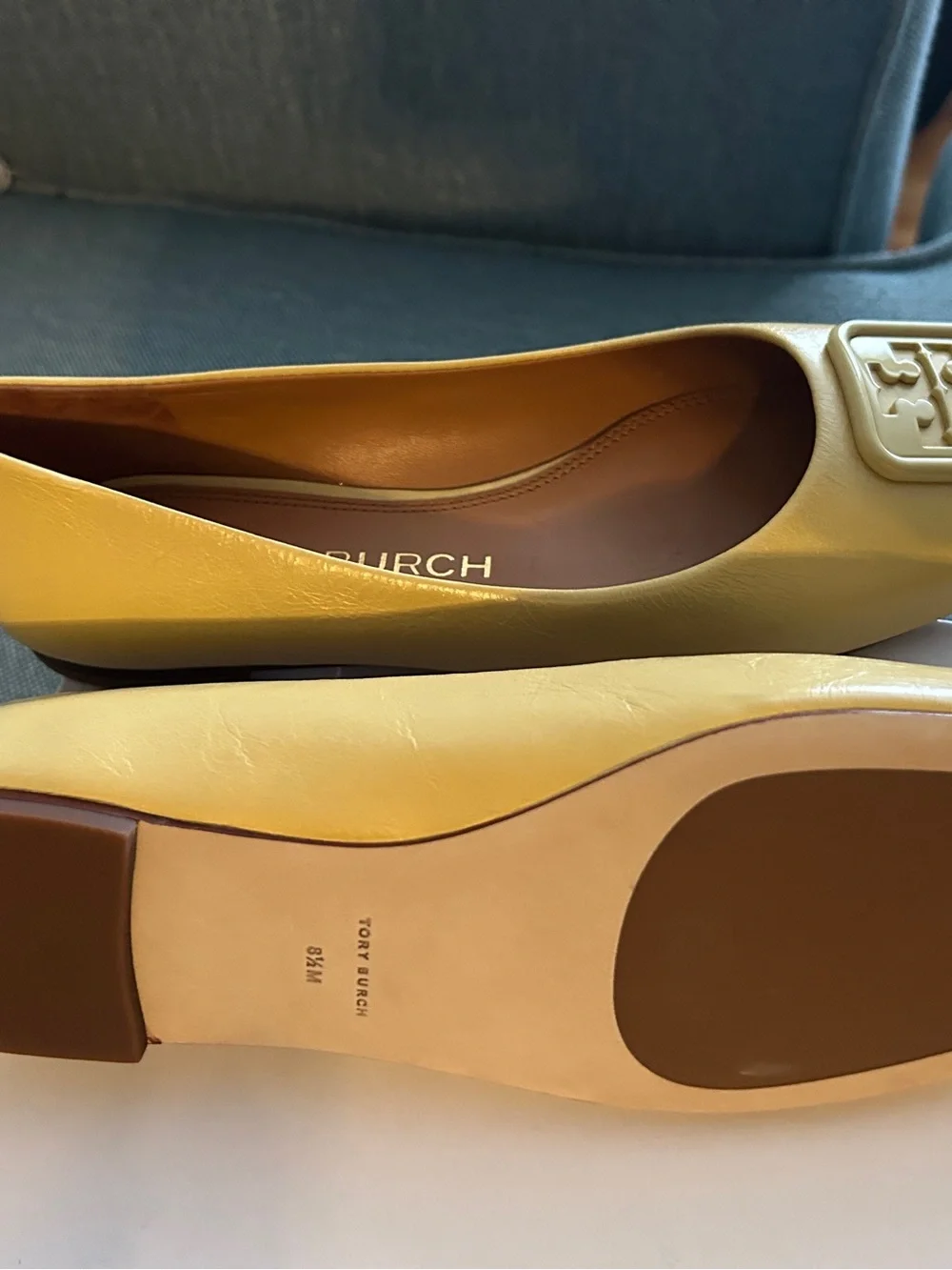 Tory Burch Lemon Yellow Logo Square-Toe Leather Flats - Picture 3 of 7